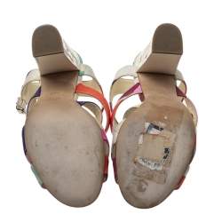 Pre Owned Chanel Multicolor Fabric Strappy Sculpture Heel Ankle Strap Sandals Size 38.5