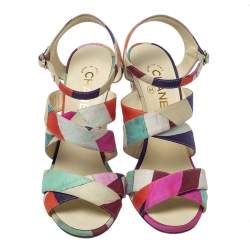 Pre Owned Chanel Multicolor Fabric Strappy Sculpture Heel Ankle Strap Sandals Size 38.5