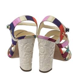 Pre Owned Chanel Multicolor Fabric Strappy Sculpture Heel Ankle Strap Sandals Size 38.5