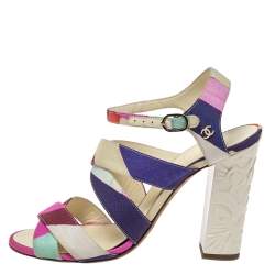 Pre Owned Chanel Multicolor Fabric Strappy Sculpture Heel Ankle Strap Sandals Size 38.5