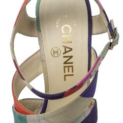 Pre Owned Chanel Multicolor Fabric Strappy Sculpture Heel Ankle Strap Sandals Size 38.5