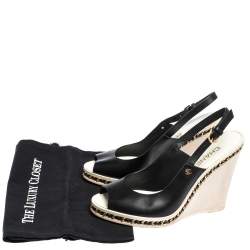 Chanel Black Leather Chain Link CC Wedge Slingback Sandals Size 39.5