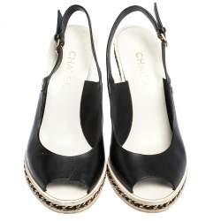 Chanel Black Leather Chain Link CC Wedge Slingback Sandals Size 39.5