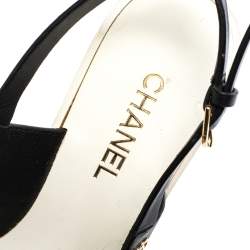 Chanel Black Leather Chain Link CC Wedge Slingback Sandals Size 39.5