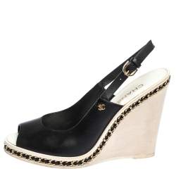 Chanel Black Leather Chain Link CC Wedge Slingback Sandals Size 39.5