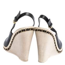Chanel Black Leather Chain Link CC Wedge Slingback Sandals Size 39.5