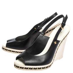Chanel Black Leather Chain Link CC Wedge Slingback Sandals Size 39.5