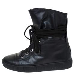 Chanel Black Leather CC Boots Size 35.5 