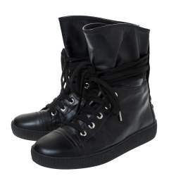 Chanel Black Leather CC Boots Size 35.5 