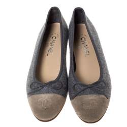 Pre Owned Chanel Two Tone Wool And Suede Bow Cap Toe Ballet Flats Size 38 