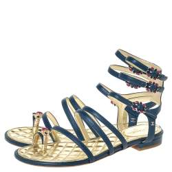 Chanel Blue Leather Embellished Toe Ring Gladiator Flat Sandals Size 36.5
