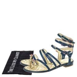 Chanel Blue Leather Embellished Toe Ring Gladiator Flat Sandals Size 36.5