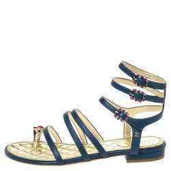 Chanel Blue Leather Embellished Toe Ring Gladiator Flat Sandals Size 36.5