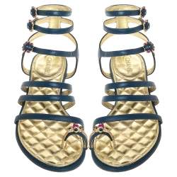 Chanel Blue Leather Embellished Toe Ring Gladiator Flat Sandals Size 36.5