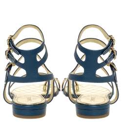 Chanel Blue Leather Embellished Toe Ring Gladiator Flat Sandals Size 36.5