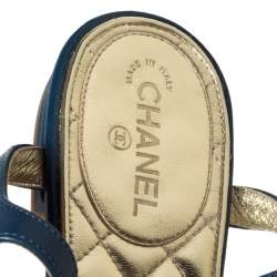 Chanel Blue Leather Embellished Toe Ring Gladiator Flat Sandals Size 36.5