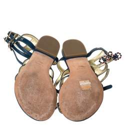 Chanel Blue Leather Embellished Toe Ring Gladiator Flat Sandals Size 36.5