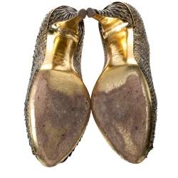 Pre Owned حذاء كعب عالي شانيل بمقدمة مفتوحة جلد ثعبان ذهبي ميتاليك مقاس 38