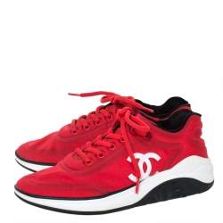 Pre Owned Chanel Red Fabric CC Lace Up Sneakers Size 37