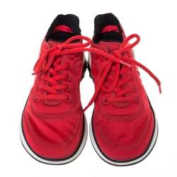 Pre Owned Chanel Red Fabric CC Lace Up Sneakers Size 37
