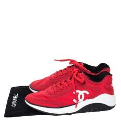 Pre Owned Chanel Red Fabric CC Lace Up Sneakers Size 37