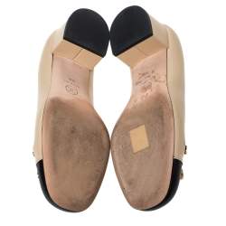 مملوكة مسبقًا حذاء كعب عالي شانيل غطاء مقدمة تفاصيل سلسلة جلد أسود/ بيج مقاس 39