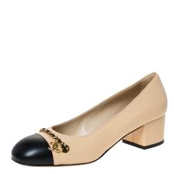 مملوكة مسبقًا حذاء كعب عالي شانيل غطاء مقدمة تفاصيل سلسلة جلد أسود/ بيج مقاس 39