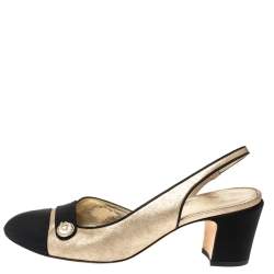 Pre Owned  Chanel Metallic Gold/Black Leather And Fabric CC Pearl Cap Toe Slingbacks Sandals Size 37