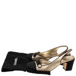 Pre Owned  Chanel Metallic Gold/Black Leather And Fabric CC Pearl Cap Toe Slingbacks Sandals Size 37