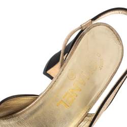 Pre Owned  Chanel Metallic Gold/Black Leather And Fabric CC Pearl Cap Toe Slingbacks Sandals Size 37