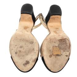 Pre Owned  Chanel Metallic Gold/Black Leather And Fabric CC Pearl Cap Toe Slingbacks Sandals Size 37