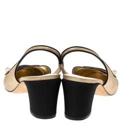 Pre Owned  Chanel Metallic Gold/Black Leather And Fabric CC Pearl Cap Toe Slingbacks Sandals Size 37