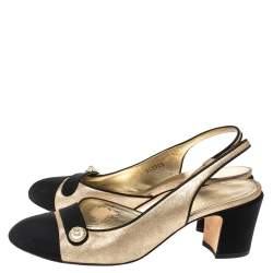 Pre Owned  Chanel Metallic Gold/Black Leather And Fabric CC Pearl Cap Toe Slingbacks Sandals Size 37