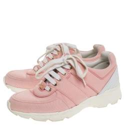 Pre Owned Chanel Pink Canvas And White Leather CC Lace Up Sneakers Size 36