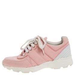 Pre Owned Chanel Pink Canvas And White Leather CC Lace Up Sneakers Size 36