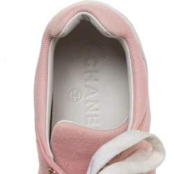 Pre Owned Chanel Pink Canvas And White Leather CC Lace Up Sneakers Size 36