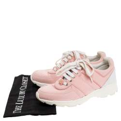 Pre Owned Chanel Pink Canvas And White Leather CC Lace Up Sneakers Size 36
