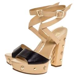 Pre Owned Chanel Two-Tone Leather Embellished Platform And Block Heel Ankle Wrap Sandals Size 37.5