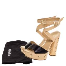 Pre Owned Chanel Two-Tone Leather Embellished Platform And Block Heel Ankle Wrap Sandals Size 37.5