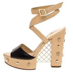 Pre Owned Chanel Two-Tone Leather Embellished Platform And Block Heel Ankle Wrap Sandals Size 37.5