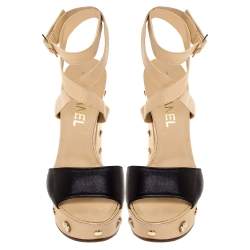 Pre Owned Chanel Two-Tone Leather Embellished Platform And Block Heel Ankle Wrap Sandals Size 37.5