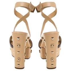 Pre Owned Chanel Two-Tone Leather Embellished Platform And Block Heel Ankle Wrap Sandals Size 37.5