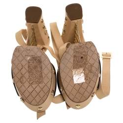 Pre Owned Chanel Two-Tone Leather Embellished Platform And Block Heel Ankle Wrap Sandals Size 37.5