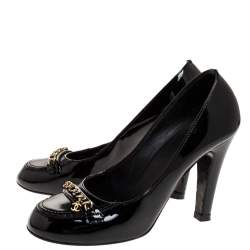 Pre Owned Chanel Black Patent Leather Chain Detail Cap Toe Pumps Size 38.5