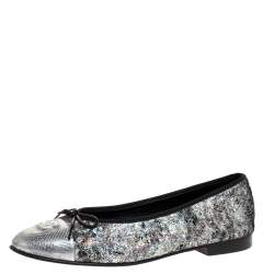 Chanel Metallic Silver Textured Suede CC Cap Toe Bow Ballet Flats