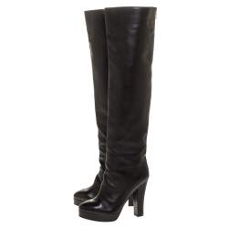 Chanel Black Leather CC Knee High Platform Boots Size 38