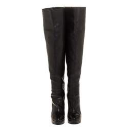 Chanel Black Leather CC Knee High Platform Boots Size 38