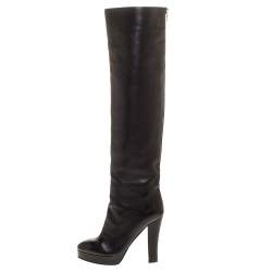 Chanel Black Leather CC Knee High Platform Boots Size 38