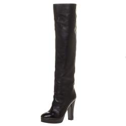 Chanel Black Leather CC Knee High Platform Boots Size 38