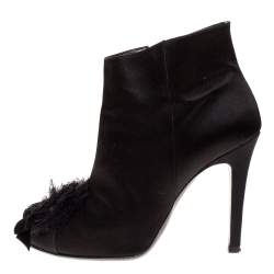 Chanel Black Satin And Fabric CC Bow Mesh Camellia Ankle Booties Size 38